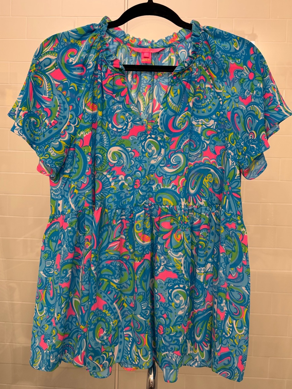 Lilly Pulitzer Blue Paisley Flutter-Sleeve Tunic with Pink & Green Accents